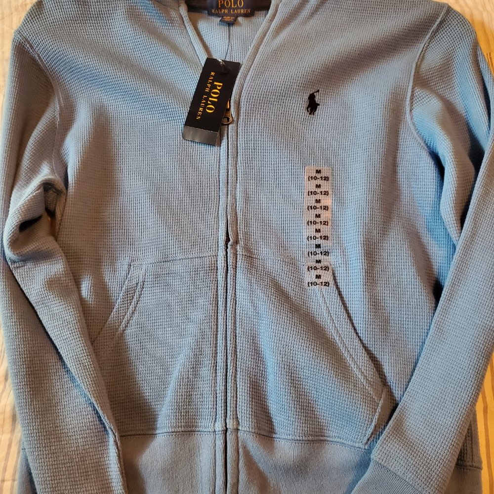 NEW Polo by Ralph Lauren Blue Waffle Texture Zipper Hoodie Boy's Size M (10-12)